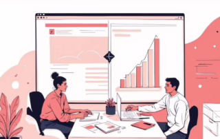 Two people sit across a desk in an office, discussing work. A large screen behind them displays graphs and charts, including a rising bar chart. Office supplies and a plant are on the desk.