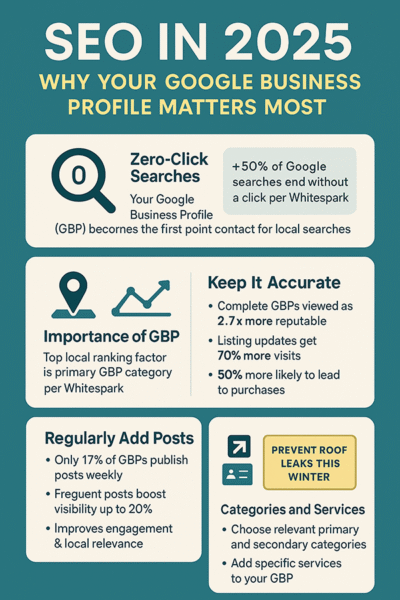 Infographic titled SEO in 2025: Why Your Google Business Profile Matters Most with five sections outlining benefits and strategies for optimizing Google Business Profiles, including zero-click searches, posting, accuracy, and categories.