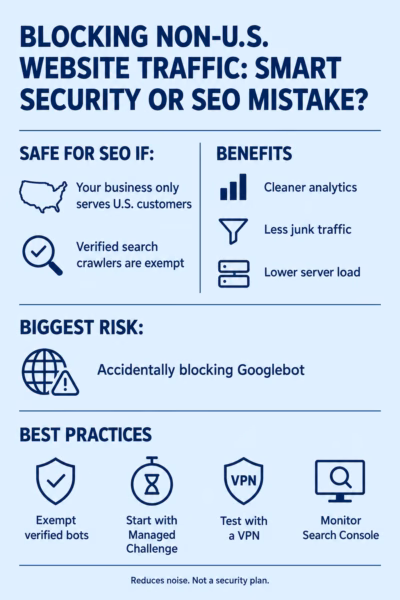 Infographic: blocking non-U.S. website traffic is SEO-safe when verified crawlers are exempt. Benefits include cleaner analytics, less junk traffic, and lower server load. Best practices: exempt verified bots, start with Managed Challenge, test with a VPN, and monitor Search Console.