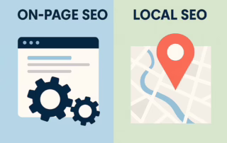 Split image with On-Page SEO on the left showing a webpage with gears, and Local SEO on the right showing a map with a red location pin.