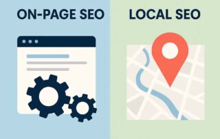 Split image with On-Page SEO on the left showing a webpage with gears, and Local SEO on the right showing a map with a red location pin.