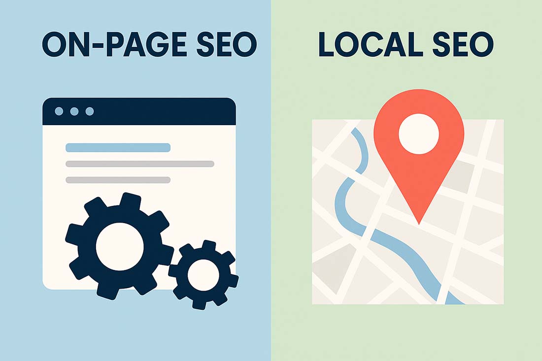 on-page-seo-local-seo-campaing - Website Design For Small Business | Affordable Web Guy Split image with On-Page SEO on the left showing a webpage with gears, and Local SEO on the right showing a map with a red location pin.
