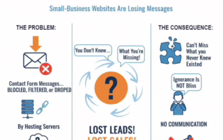 Infographic about silent email failure showing lost messages, lost leads, and lost sales for small businesses, with icons of emails, alerts, and unhappy people illustrating problems and consequences of undelivered contact form emails.