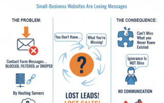 Infographic about silent email failure showing lost messages, lost leads, and lost sales for small businesses, with icons of emails, alerts, and unhappy people illustrating problems and consequences of undelivered contact form emails.
