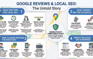 Infographic titled Google Reviews & Local SEO explains factors impacting local SEO: review volume, recency, responses, ratings, fake reviews, review aggression, how to grow reviews, and local SEO’s effect on rankings and business.
