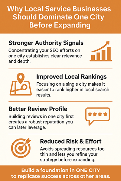 Infographic titled “Why Local Service Businesses Should Dominate One City Before Expanding” lists benefits: stronger authority signals, improved local rankings, better review profile, and reduced risk and effort.