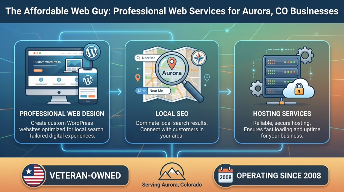 Infographic for The Affordable Web Guy in Aurora, CO: Services shown include professional web design, local SEO, and hosting. Features icons and callouts for “veteran-owned,” “serving Aurora,” and “operating since 2008.”.