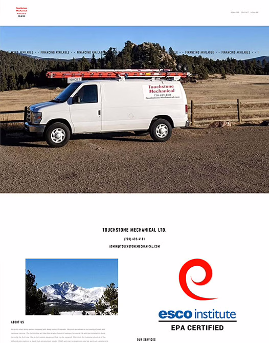 A white Touchstone Mechanical Ltd. van with ladders on top is parked on a rural dirt road, with fields and forested mountains in the background. Below is the ESCO Institute EPA Certified logo and a snowy mountain landscape.