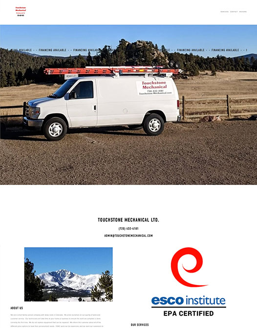 A white Touchstone Mechanical Ltd. van with ladders on top is parked on a rural dirt road, with fields and forested mountains in the background. Below is the ESCO Institute EPA Certified logo and a snowy mountain landscape.