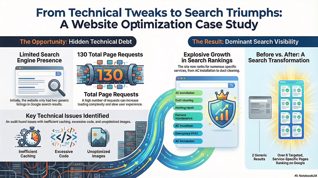 Infographic showing a website optimization case study: Initial issues like limited search presence, high page requests, and technical issues were fixed, leading to increased search visibility and search volume after optimization.