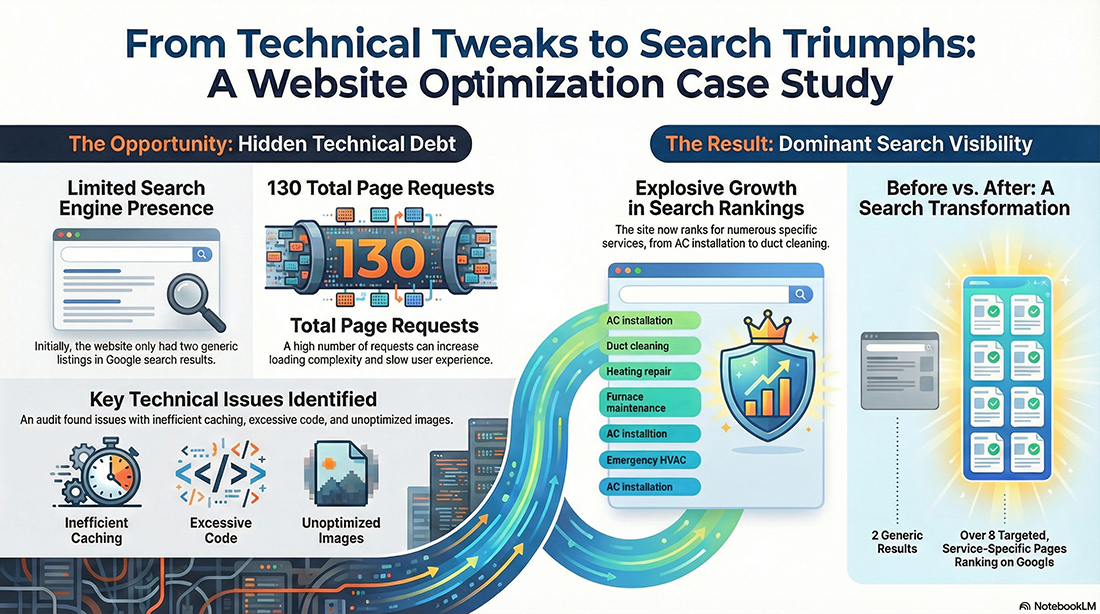 Infographic showing a website optimization case study: Initial issues like limited search presence, high page requests, and technical issues were fixed, leading to increased search visibility and search volume after optimization.