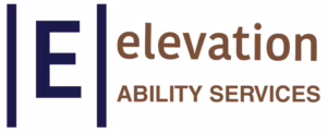 Logo for Elevation Ability Services featuring a large navy blue letter E with vertical bars on each side, and the words elevation ABILITY SERVICES in brown and gray text to the right.
